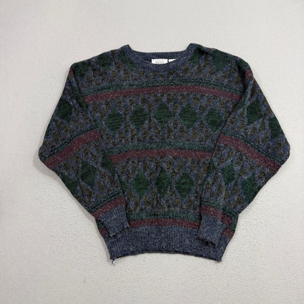 Vintage Sears Sweater Men's Large Blue Geometric Argyle Crew Neck Acrylic 90s